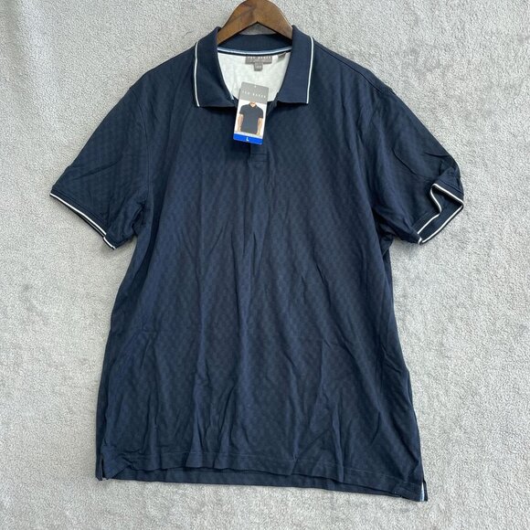 NEW Ted Baker Men's L Short Sleeve Polo Shirt Navy Blue 100% Cotton Pattern - Picture 2 of 7